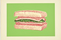 Silkscreen on paper of a Sandwich sandwich green food.