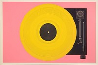 Silkscreen on paper of a Vinyl player yellow pink yellow background.