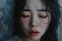 Korean Young female crying at funaral portrait skin contemplation.