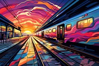 Train station in the style of graphic novel train art painting.