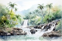 Watercolor of the tropical waterfall and river in jungle outdoors nature forest.