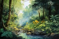 Watercolor drawing of in jungle background vegetation landscape outdoors.