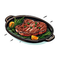 Steak on pan grilling cartoon plate.