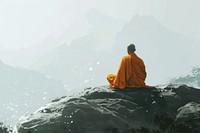 A pensive Buddhist monk meditates mountain adult cross-legged.
