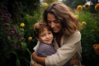 Mother and son hugging portrait outdoors flower.
