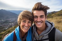 Mother and son selfie smile mountain.