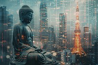 A serene Buddha amidst a digital metropolis architecture building landmark.