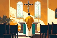 African american priest praying in church architecture building cross.