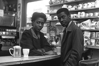 Black male and female staff In Coffee Shop portrait adult shop.