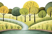Cute watercolor illustration of river jungle landscape outdoors drawing.
