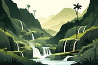 Cute watercolor illustration of waterfall Amazon jungle vegetation outdoors nature.