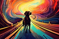 Dog run on road in the style of graphic novel art graphics painting.