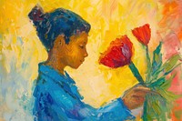 Son giving flower to mom painting art creativity.