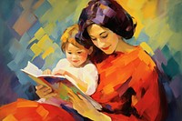 Happy mother and child reading book painting adult baby.