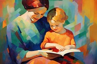 Happy mother and child reading book painting adult art.