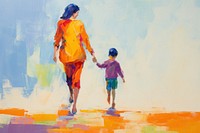 Happy mother and child walking painting adult art.