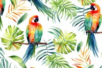 Hand painted watercolor tropical leaves and birds seamless tropics pattern parrot.