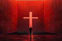 Man praying in front of a cross symbol spirituality architecture.