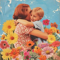 Mother hugging child flower portrait collage.