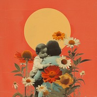 Mother hugging child flower sunflower painting.