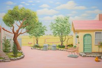 Painting of backyard architecture building outdoors.