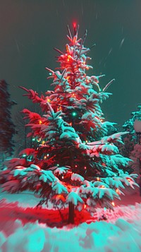 Anaglyph christmas tree plant red illuminated.