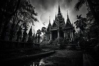 Graveyard in Thai temple architecture building outdoors.