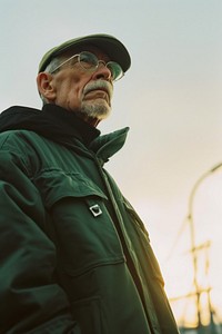 Old man wearing dark green streetwear clothes portrait adult photo.