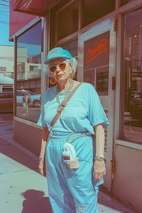 Old woman wearing blue streetwear clothes glasses adult car.