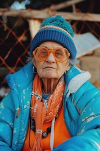 Old woman wearing blue streetwear clothes adult relaxation retirement.
