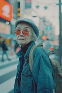 Old woman wearing blue streetwear clothes portrait glasses adult.