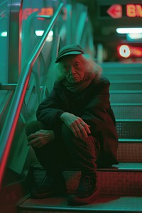 A old woman wearing black streetwear clothes architecture portrait sitting.