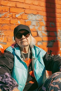 A old woman wearing streetwear clothes portrait sitting jacket.