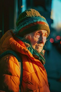 A old woman wearing streetwear clothes adult photo homelessness.