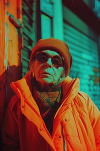A old woman wearing streetwear clothes sunglasses portrait jacket.