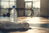 Water bottle and white towel exercising relaxation container.