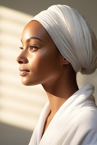 Womanwiht her hair wrapped with white towel portrait photography adult.