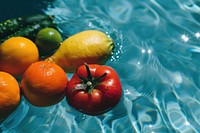 Vegetables and fruits swimming tomato lemon.