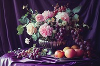 Medieval style table decorate with fruits with flowers vase purple painting grapes.