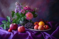 Medieval style table decorate with fruits with flowers vase purple apple plant.