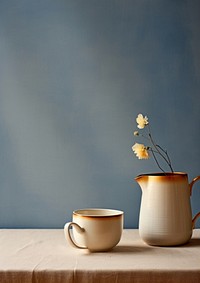 Still life blue teacup and pitcher porcelain flower plant.