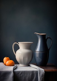 Still life blue teacup and pitcher painting jug refreshment.