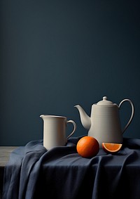 Still life blue teacup and pitcher teapot fruit food.
