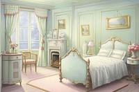 Painting of victorian bedroom furniture chair architecture.