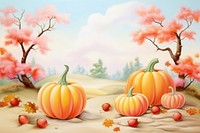 Painting of Autumn leaves and pumpkins backgrounds vegetable outdoors.