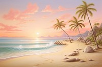 Painting of sunset beach landscape panoramic outdoors.