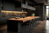Dark and modern kitchen with black furniture wood architecture building.