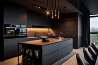 Dark and modern kitchen with black furniture sink architecture countertop.