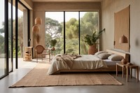 Flecked jute and cotton rug bedroom furniture window.