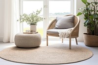 Flecked jute and cotton rug furniture chair plant.
